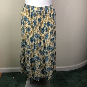 Vintage Accordion Pleated Midi Skirt Yellow Floral